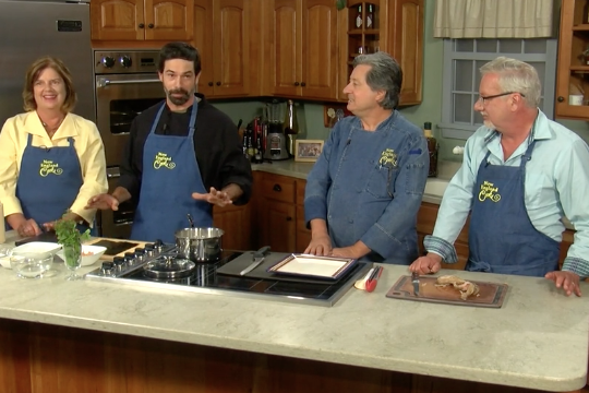 Host Tony & Sandy and Co-Host Chef Jean-Louis and Chef Christoph Wiesenseifen making Ninja Roll, Chimichurri Sauce for Salmon and BBQ Pork Ribs